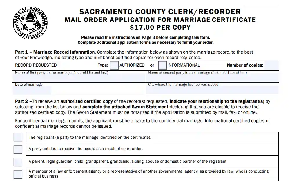 A screenshot of the Mail Order Application For Marriage Certificate form, one of the documents that must be completed and submitted when one orders a marriage certificate through mail.