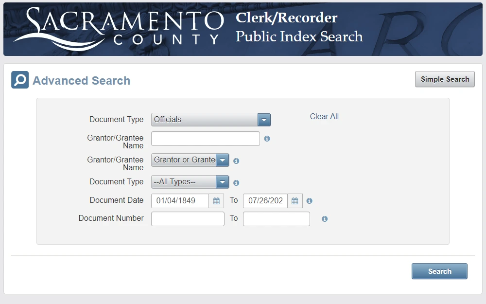 A screenshot of the Public Index Search, Advance Search made available by Sacramento County Clerk/Recorder's Office searchable by providing the following information: document type, grantor/grantee name, document date, and document number.