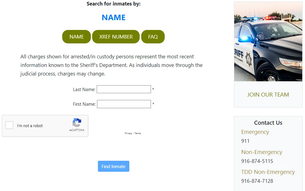A screenshot of the Inmate Information eServices of Sacramento County, which helps locate the inmate's information by name or X-reference number.