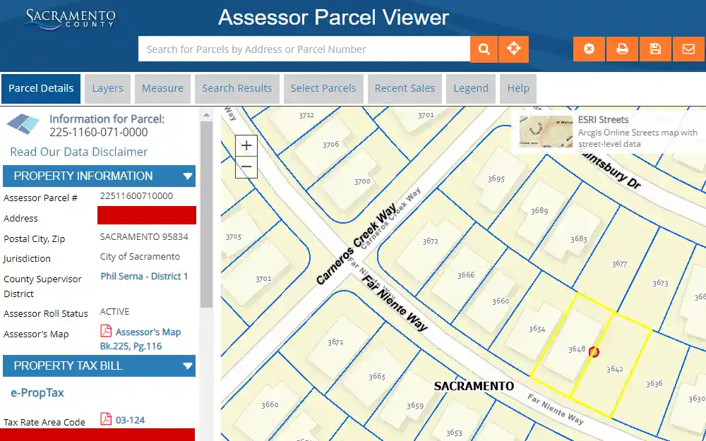 A screenshot of the Assessor Parcel Viewer of Sacramento County showing the position of a specific property on a map with the property's information like the address, assessor parcel number, jurisdiction, county supervisor, district, tax rate area code, and others.