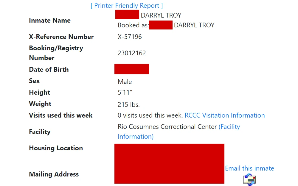 A search result sample of the Inmate Information eServices provided by the sheriff's office of Sacramento County, which shows the inmate name, x-reference number, booking/registry number DOB, sex, height, weight, visits used in the current week, facility, housing location, and mailing address.