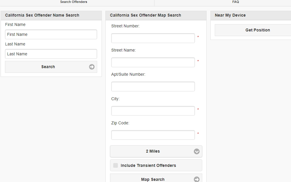 A screenshot of the California Megan's Law Website showing the Sex Offender search tools they offer, which include the name search tool, map search, and Near My Device tool.