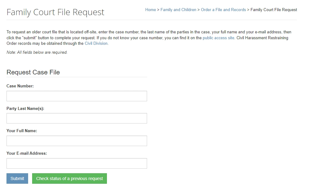 A screenshot of the Family Court File Request platform where an individual can request a case file by providing the case number, party last name(s), researcher's full name, and email address.