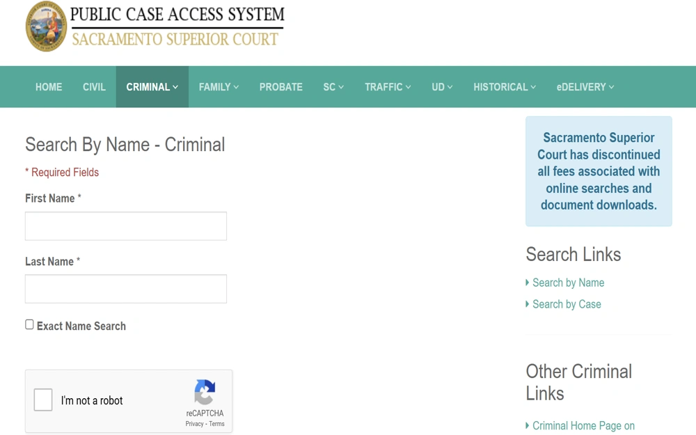 A screenshot of the Public Case Access System in the Search by Name - Criminal section that can be searched by providing the first and last name of the person one is looking for.